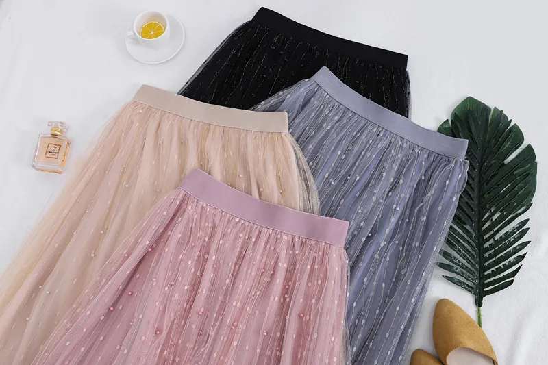 New Korean Skirts Womens Tulle Skirt Beaded Fashion Wild Big Swing Star Mesh Skirt High Waist Pleated Saias Plus Size