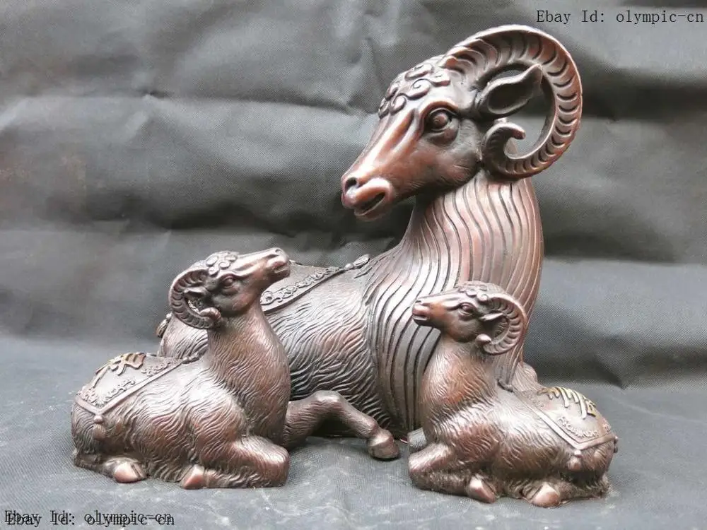 11 'Китайская красная медь резной счастливый Фу Лу Шу три sheeps скульптура