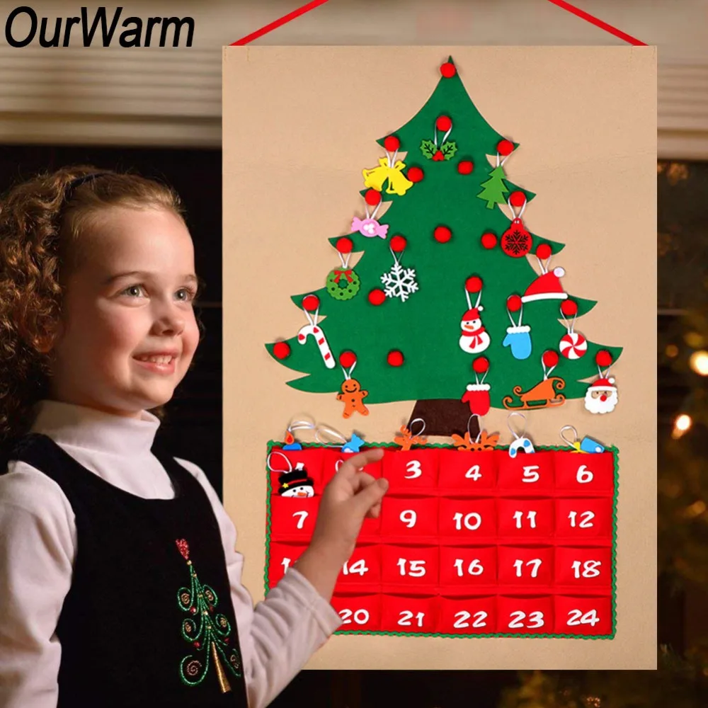 OurWarm Дата 1-24 DIY Войлок Рождественский Адвент календарь Рождественская елка обратный отсчет календарь с карманами год висячие украшения
