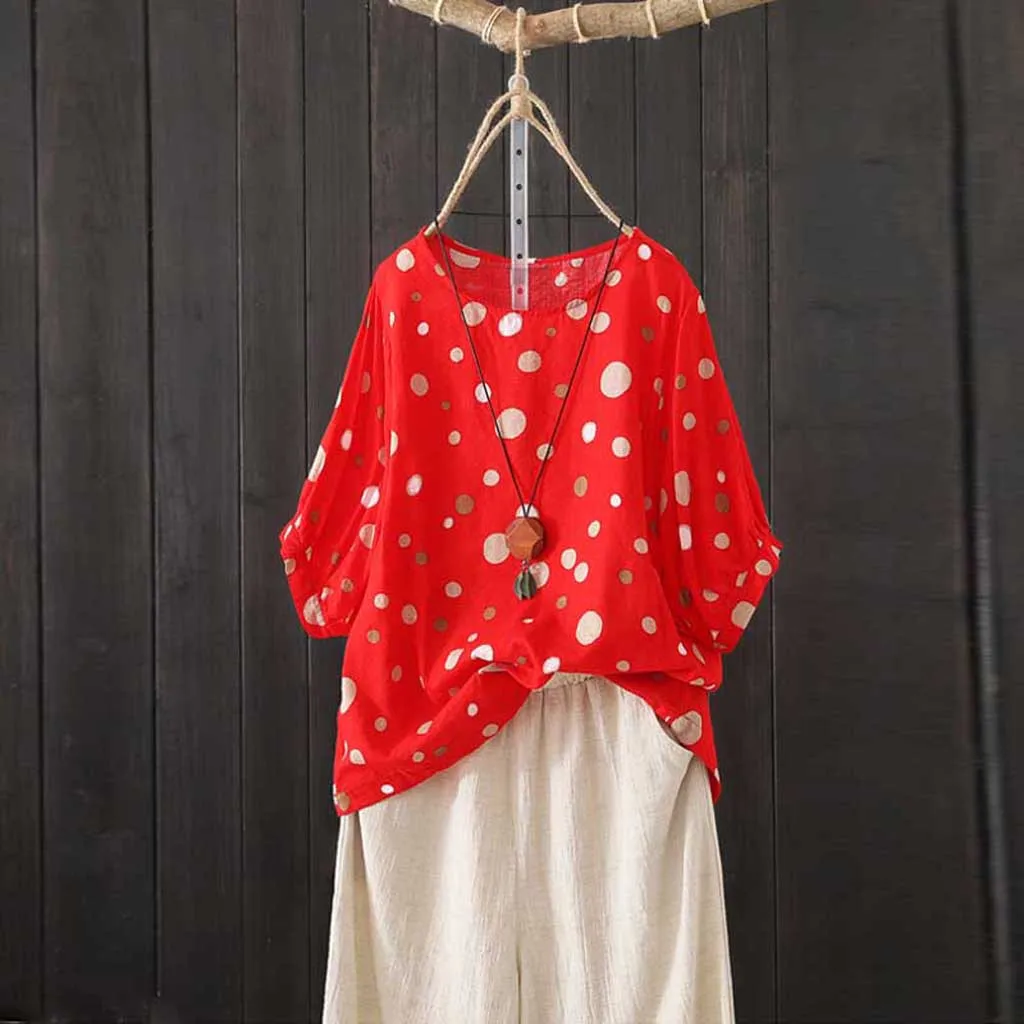 Женские льняные блузки в богемном стиле HSU повседневные свободные горошек