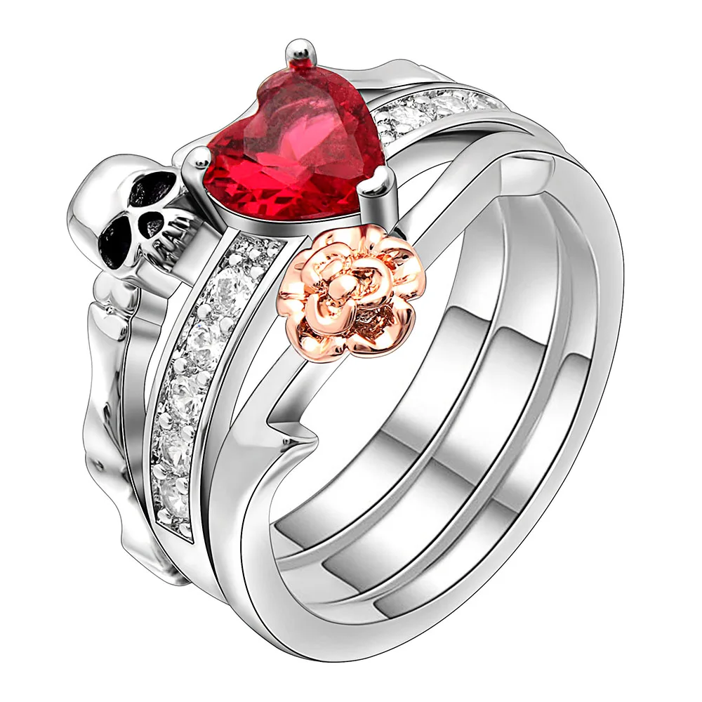 

Gothic Skull Finger Silver Color Wedding 3 Rings Set For Women Girl Red Heart Crystal CZ Rose Flower Fashion Jewelry Gift