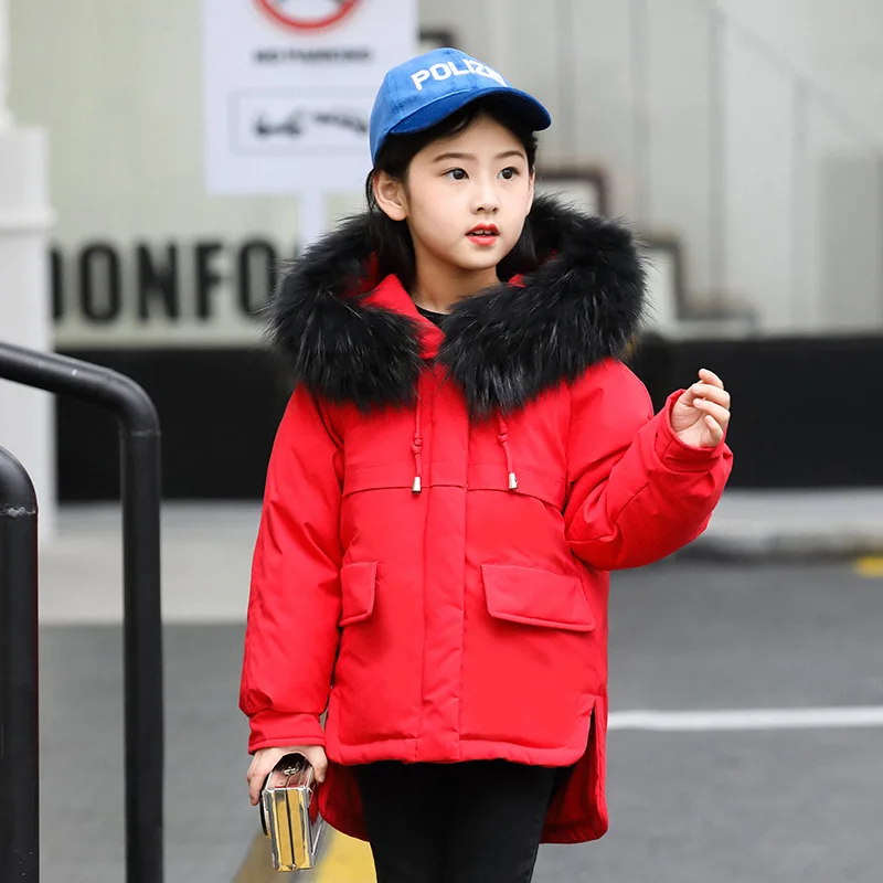 Куртка зимняя однотонная с капюшоном и мехом для девочек | Детская одежда обувь