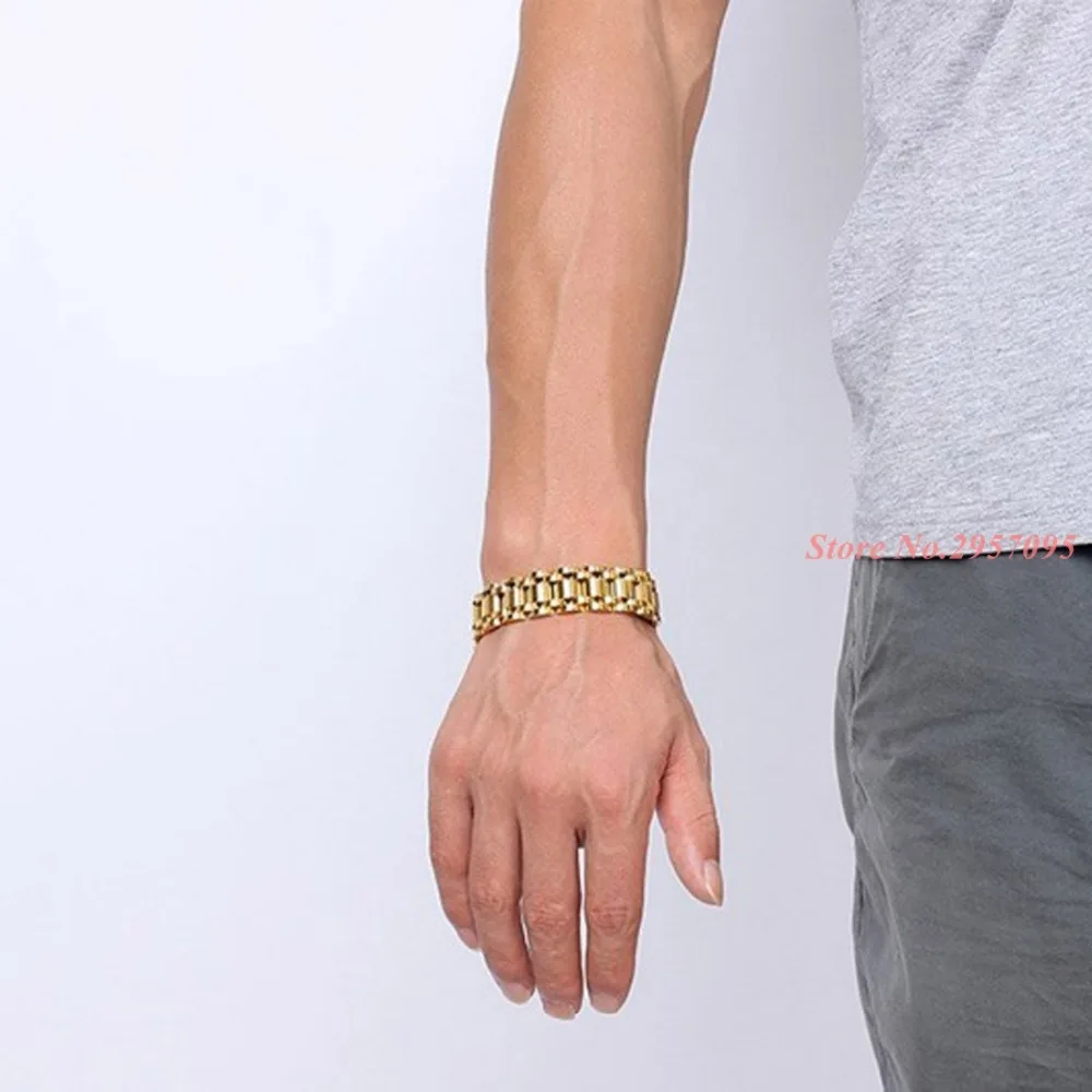 Fate love 17mm Wide Mens Bracelet Gold-color Chunky Chain Bracelets Bangles Stainless Steel Male Jewelry Wholesale |