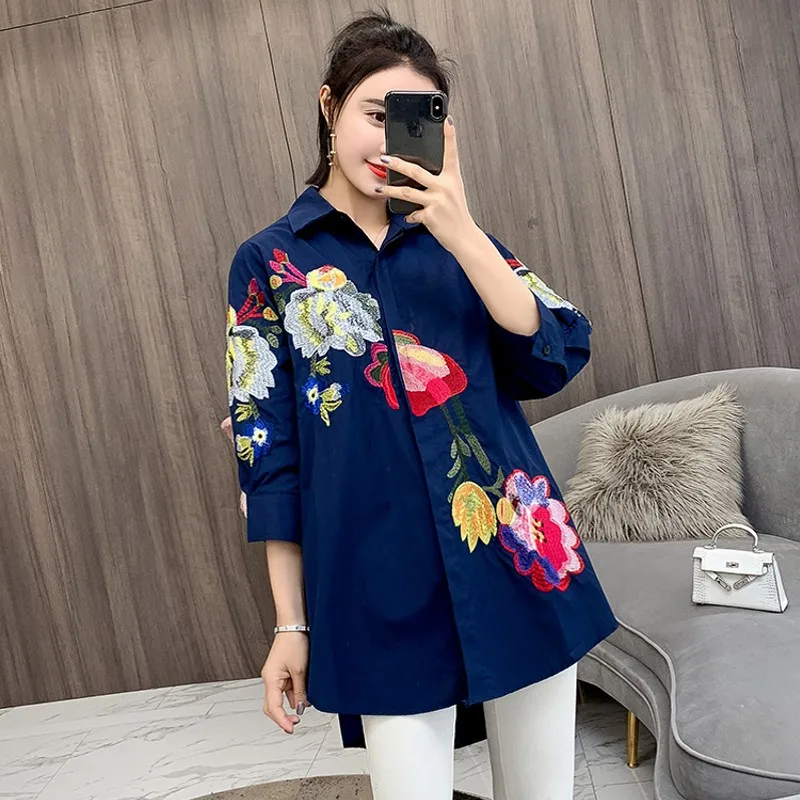 Блузка женская в этническом стиле с цветочной вышивкой свободная рубашка