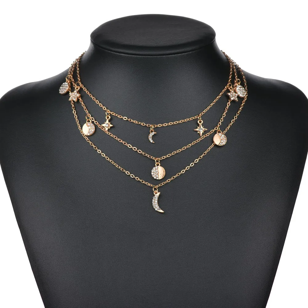 Женское колье чокер 3 слоя цепочки подвеска Звезда Луна со стразами 2019|Колье| |