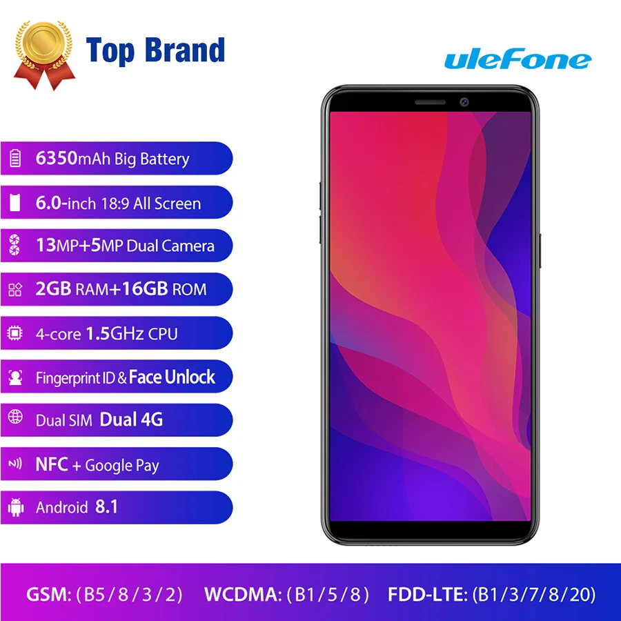 Ulefone Power 3L 6 0 &quotHD + Android 8 1 мобильный телефон MTK6739 четырехъядерный 2 ГБ 16 Гб 13 МП 5 Мп