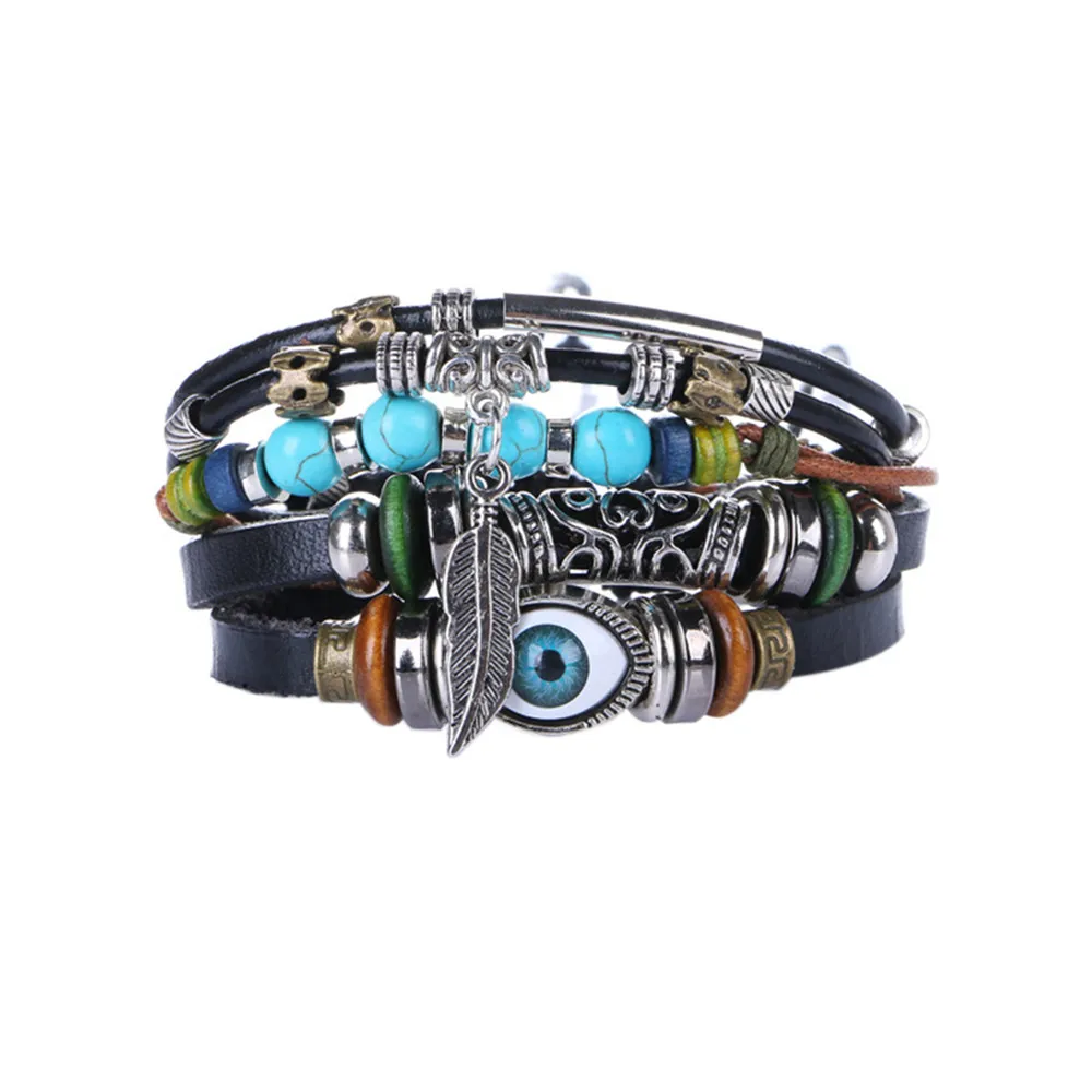 Мода Мужская кожа DIY браслет для Для женщин мужчин Винтаж глаз Сплав Бусины