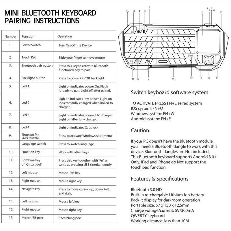Мини Bluetooth клавиатура с сенсорной панелью для смартфона ТВ проектор Совместим