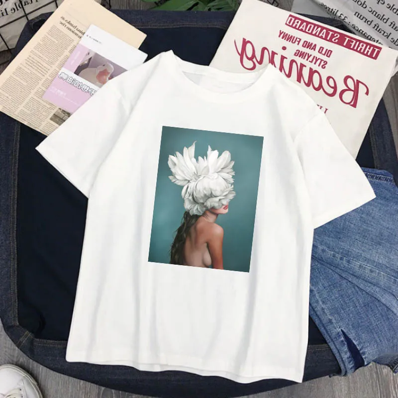 Летняя женская Повседневная футболка с цветочным принтом Ulzzang, с коротким рукавом, новинка, свободные топы ulzzang, Harajuku, футболки, S-2XL, футболка с круглым вырезом