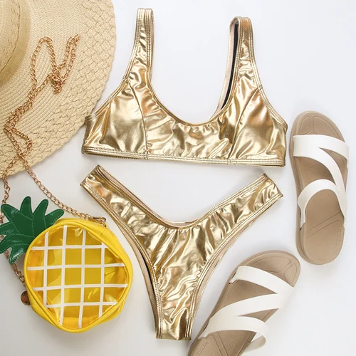 Gold Bikini Megartico женский купальник цельный золотые стринги бикини Набор Купальники Бразильский Серебряный глубокий v-образный вырез открытая спина трикини сексуальный mujer - Цвет: Gold Bikini