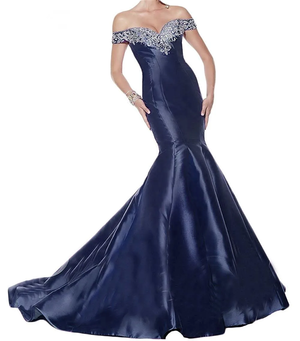 JaneVini Sexy Mermaid Royal Blue Evening Dress Off Shoulder Gown Sequins Beaded Long Satin Dresses Sweep Train Vestidos De Noite | Свадьбы и