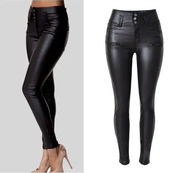 Обтягивающие джинсы из искусственной кожи с высокой талией длинные кожаные