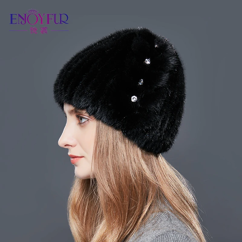 Enjoyfur модные Стразы норки Мех зима Шапки для Для женщин листья Форма высокое