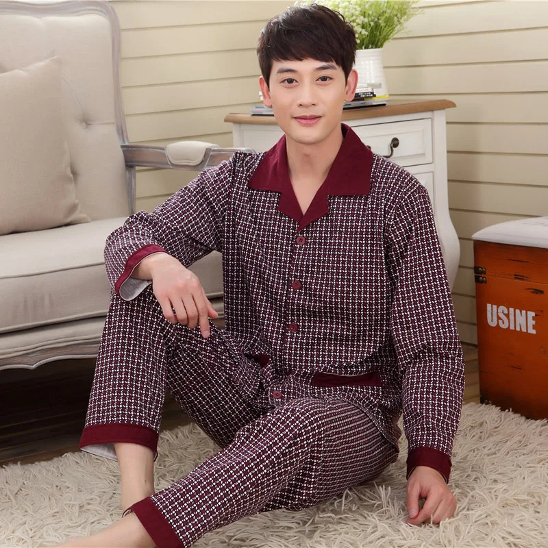 2016 Осенние мужские пижамы трикотажные хлопковые пижамные комплекты с длинным