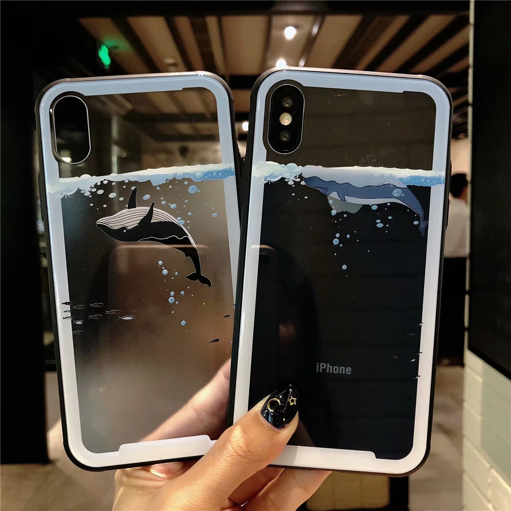 Cases for Iphone 7 Lovely Sea Whale Dolphin Phone Case 7Plus Soft TPU Edges Transparent Tempered Glass Cover Capa |
