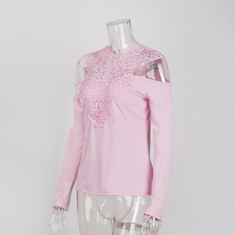 Sweet Lace T-Shirt Women Off The Shoulder Pink Slim Fit Tees Ladies O-Neck Autumn Casual Elegant Tops T-Shirts Women Clothes