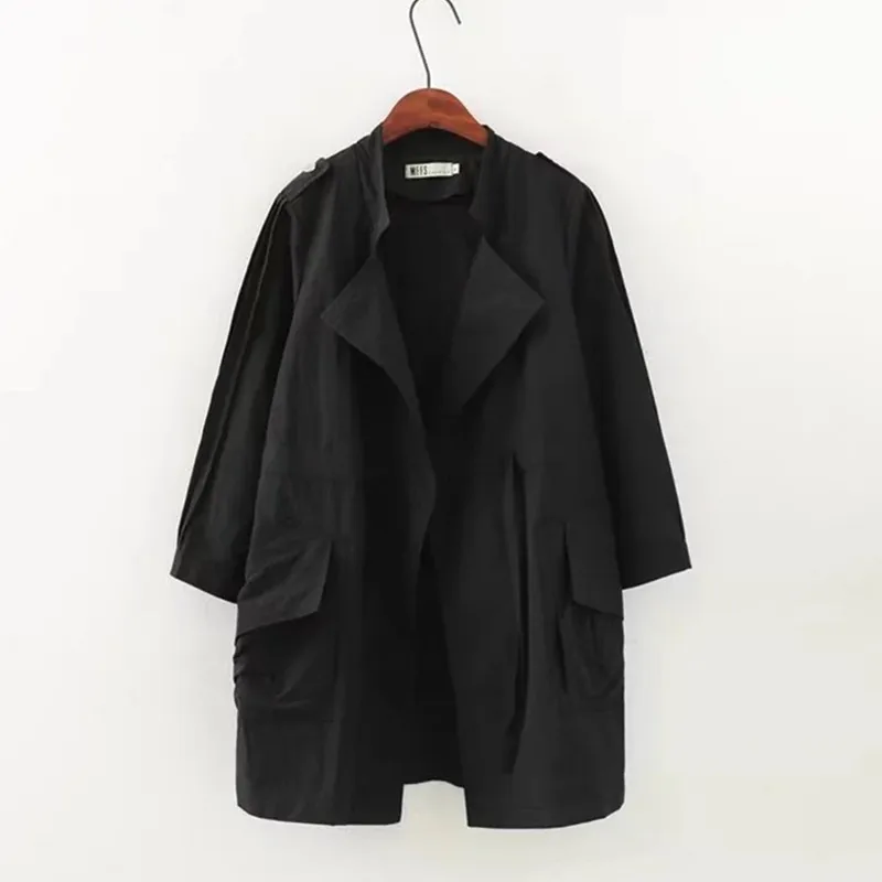 UHYTGF Oversized spring trench coat for women belt Loose thin Lady Pure color Wild Medium long ladies windbreaker coats1385 | Женская