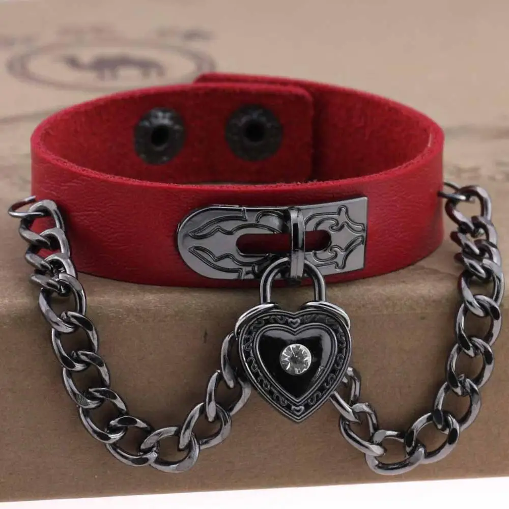 Red Панк готика Стразы Сердце шипы цепи кожаные манжетные браслеты Pulseira Masculina ювелирные изделия Шарм Bileklik Pulseiras - Окраска металла: Red