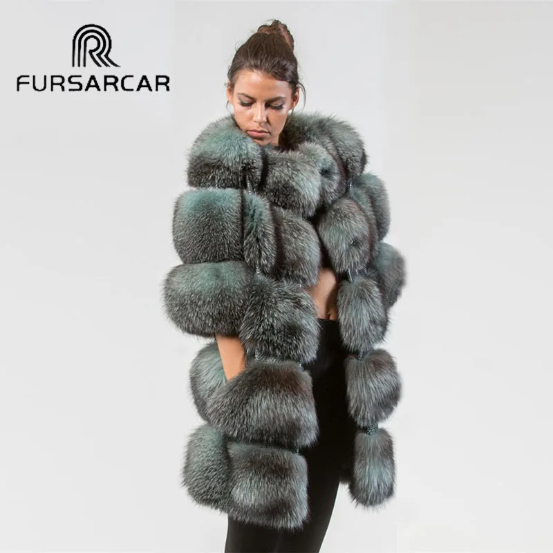 Женское пальто из натурального Лисьего меха FURSARCAR зимняя куртка с круглым