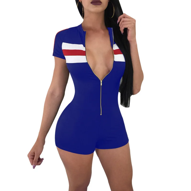 Loneyshow контрастный полосатый комбинезон с коротким рукавом и молнией облегающий, зауженный, обтягивающий женские костюмы летние спортивные уличные Топы