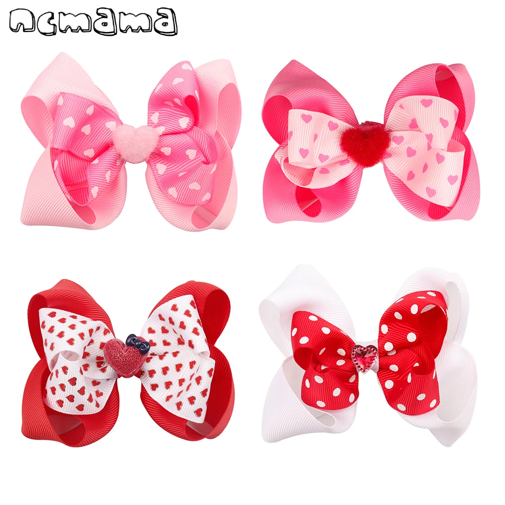

ncmama Hair Accessories Hair Clips For Girls Kids Grosgrain Ribbon Hair Bows 4 Pcs/Lot 4 Inch Saint Valentine's Day Hair Bows