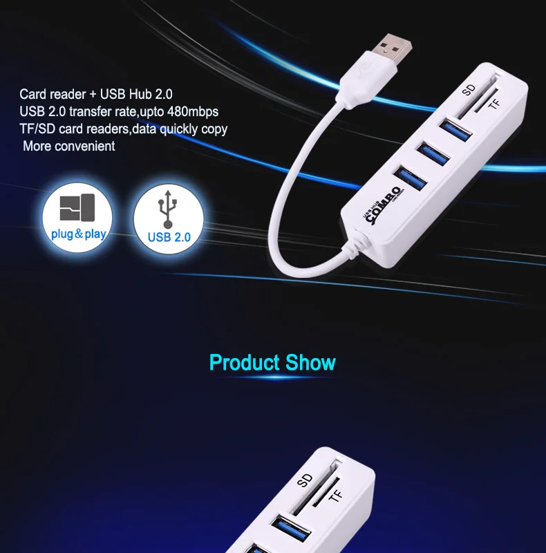 Usb-концентратор с несколькими портами 2,0 3 порта+ кардридер USB разветвитель портативный хаб USB комбо высокая скорость все в одном для SD/TF для компьютера ПК