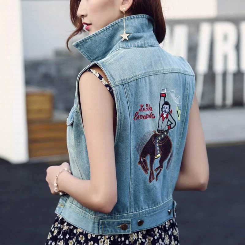 2018 New Spring Summer Women's Jackets Cotton Vest Sleeveless Denim Solid Casual Vintage Blue Embroidery Waistcoat Size S-L | Женская