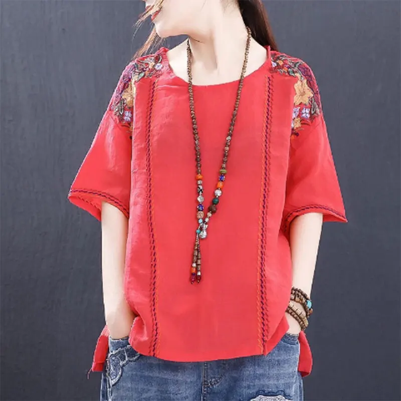 

F&je Summer Style Women Tshirt Plus Size Loose Casual Short Sleeve Tee Shirt Femme Cotton flower Embroidery Vintage Tops Big HX5