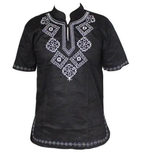 Dashikiage Мужская африканская винтажная Туника тканая высокого качества вышитая Футболка с бахромой Этническая Дашики Хиппи фестиваль Топы - Цвет: Черный