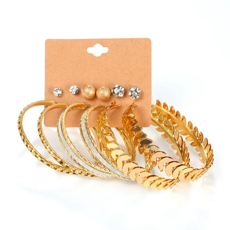 Набор из 6 серег-колец с украшением в виде листьев для женщин золотистом