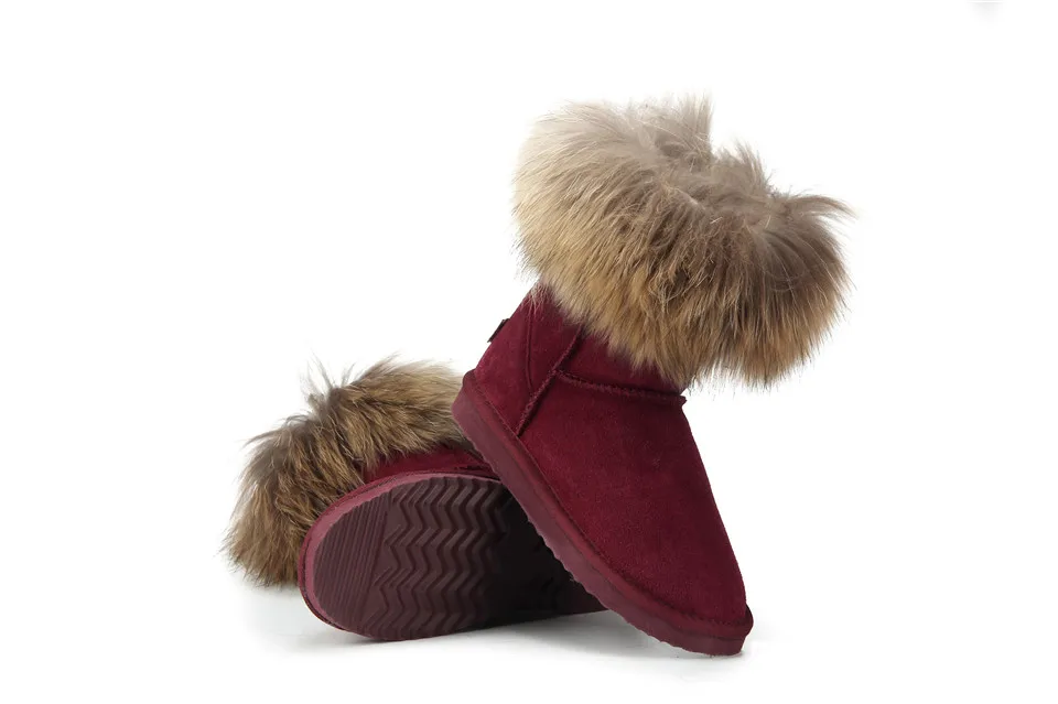 MBR FORCE Fashion Women's Natural Real fox Fur Snow Boots Genuine Cow Leather women Boots Female Warm Winter Boots Shoes