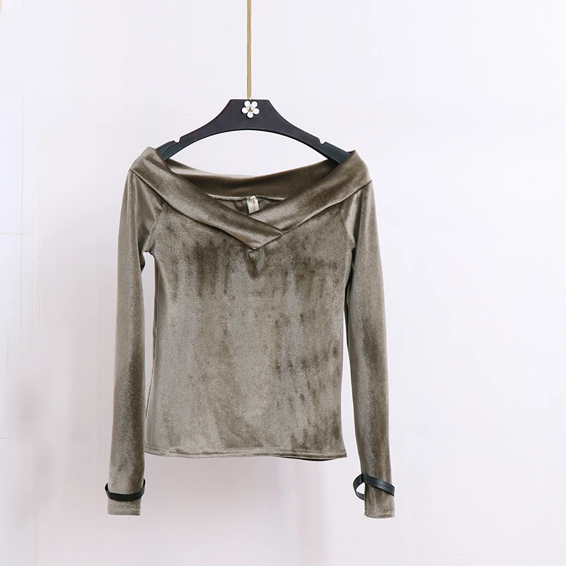 С открытыми плечами бархатная блуза рубашки осень 2017 г. Модные женские велюр