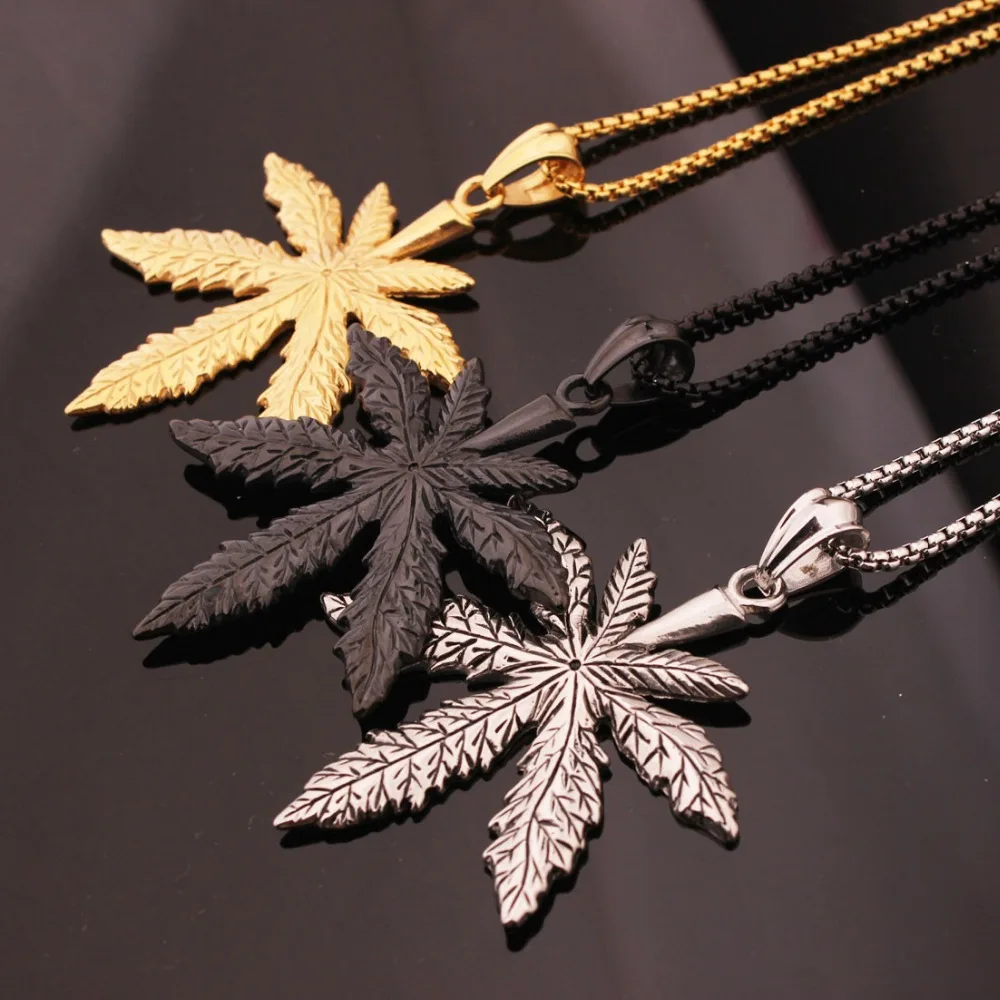 

New Arrive 316L Stainless Steel Silver Color Gold Black Big Leaf Biker Jewelry Mens Pendant Cool Necklace Free Box Chain 24"*3mm