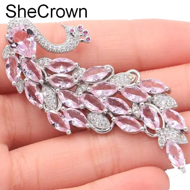 Большой розовый кунцит Феникс турмалин CZ SheCrown Подарочная серебряная брошь 61x26 мм