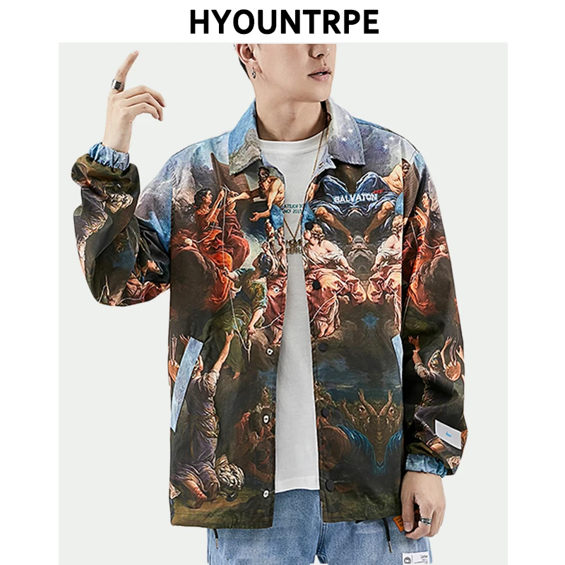 Куртка мужская свободного покроя с отложным воротником винтажный принт на одной