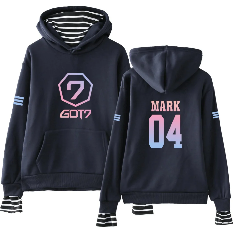 Kpop got7 harajuku свободный вельветовый пуловер с капюшоном и воротником в полоску