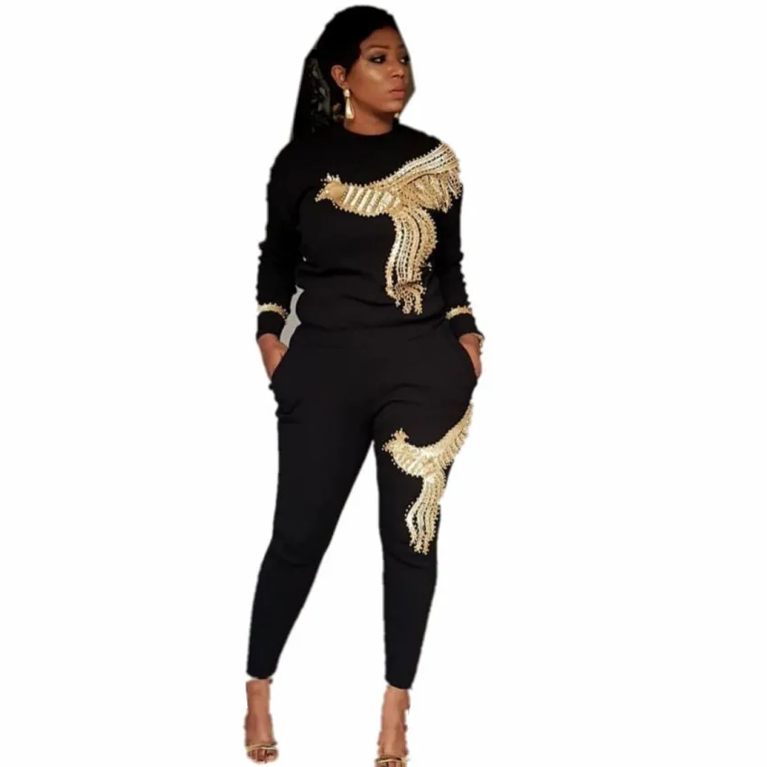 

3XL Big Size Africa Women Winter Handmade Beading Sequined Pattern Long Sleeve Knitted Tops Trousers 2PCS Clothing Sets