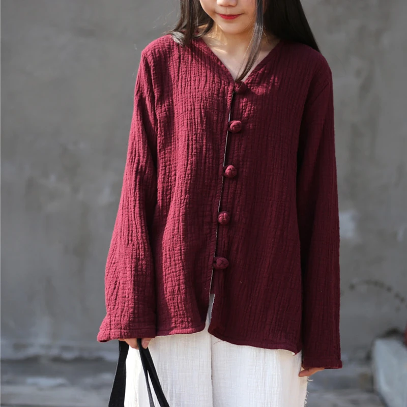 Женская винтажная рубашка Весенняя новая хлопковая льняная блузка с v образным