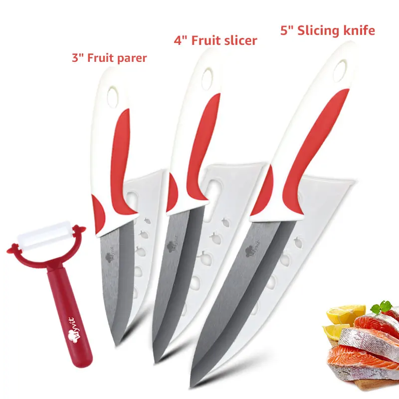 345 RED WHITE Кухонный керамический нож 3, 4, 5, 6 дюймов+ Овощечистка шеф-повара, нож для нарезки фруктов и овощей, черное лезвие, кухонный инструмент для приготовления пищи - Цвет: 345 RED WHITE