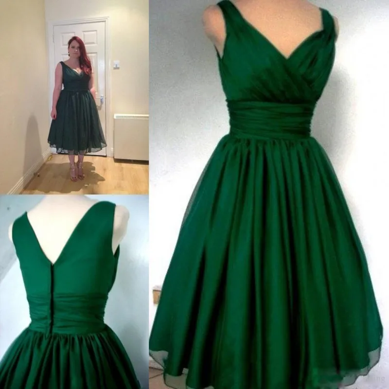 Зеленый Robe de soriee Новое изумрудно-зеленое платье для выпускного вечера длиной до середины икры размера плюс вечернее платье с v-образным вырезом vestidos de noiva - Цвет: Зеленый