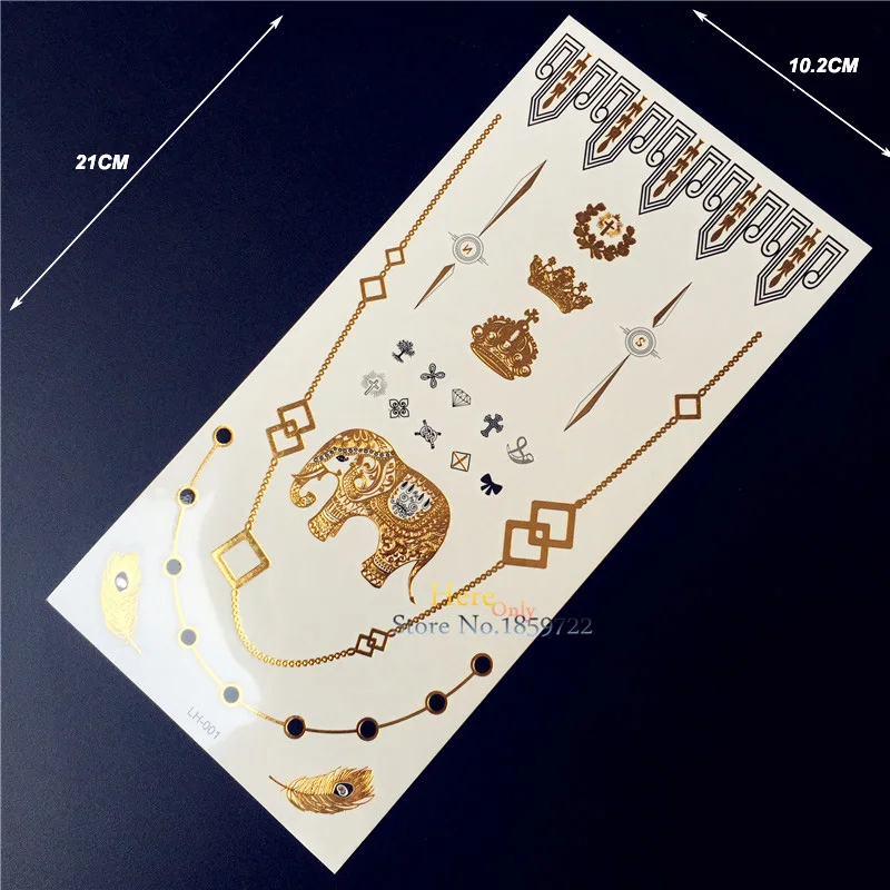 Gold Tattoo Elephant Ganesha Crown Peacock Feather, Waterproof Temporary Tattoo Necklace, Hand Finger Cute Cross Bowknot Tatoos