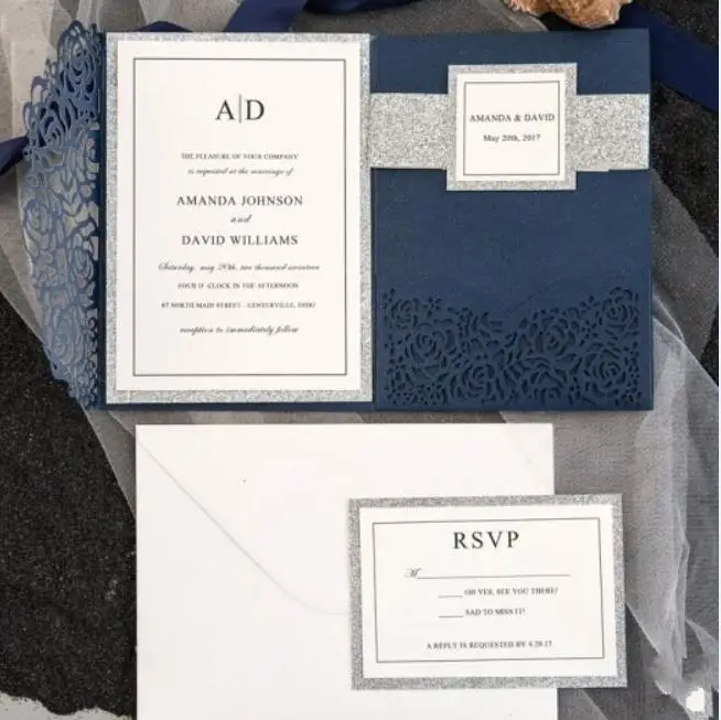 Custom print Индивидуальные синий вырезанный лазером цветок приглашение на празднование свадьбы карты с лентой и RSVP, 100 комплектов, экспресс - Цвет: Custom print