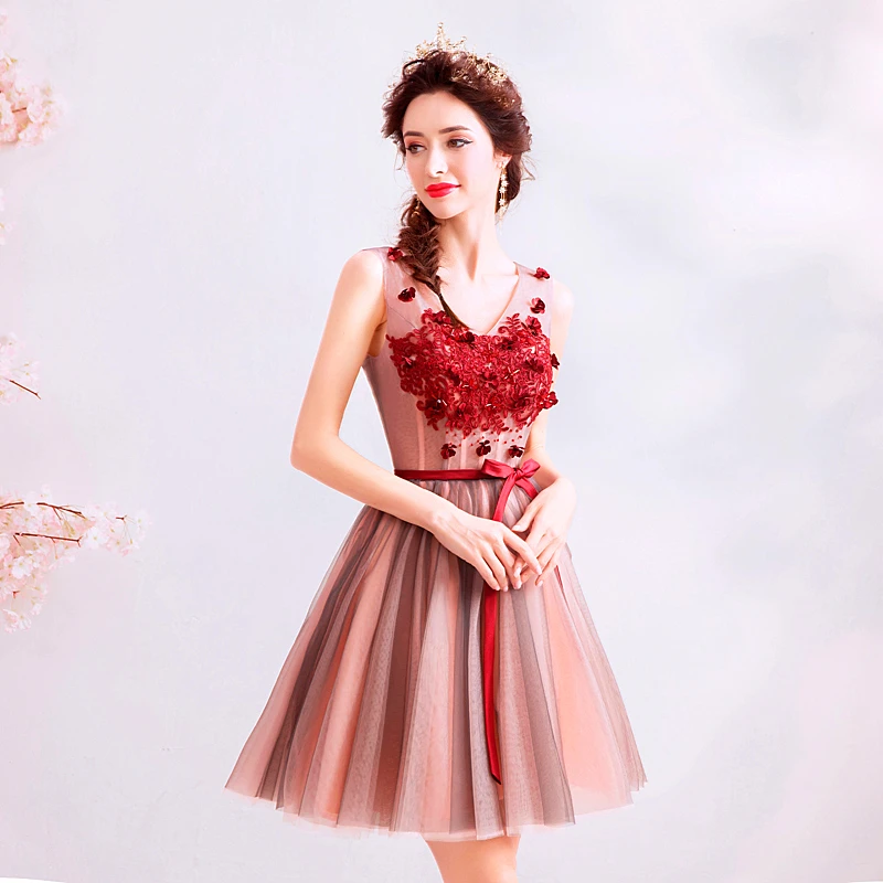 Женское короткое коктейльное платье Ever Pretty розовое мини с красным кристаллом для