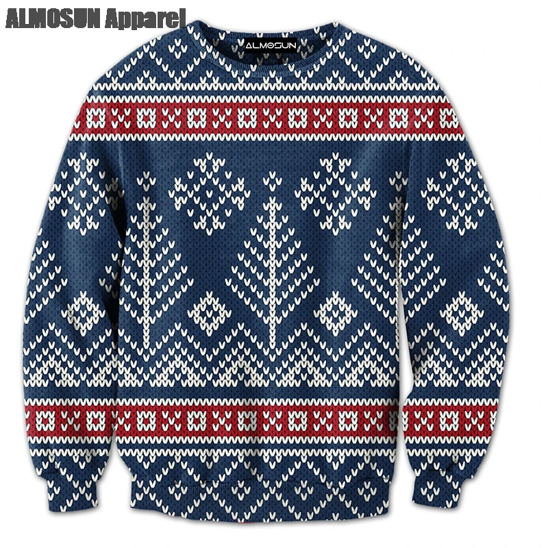 Рождественский 3D сплошным принтом пуловер с круглым вырезом кофты хипстерская
