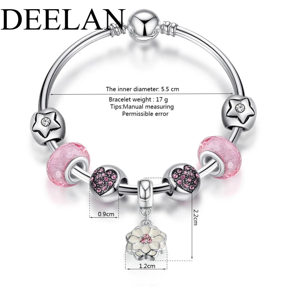 DEELAN fashion Silver Color Charm Bracelets &amp Bangles For Women Trendy Crystal Pink Glass Beads Bracelet jewelry Girl Cute Gift |