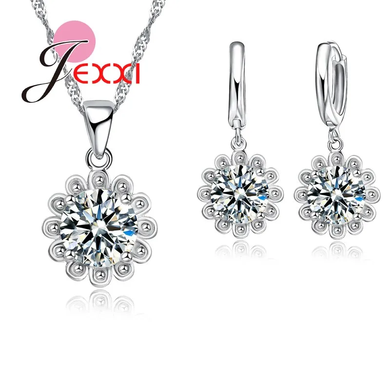 

Beautiful Sunflower 925 Sterling Silver Jewelry Set For Women/Girls With Shiny CZ Crystal Necklace/Earrings Wholesale