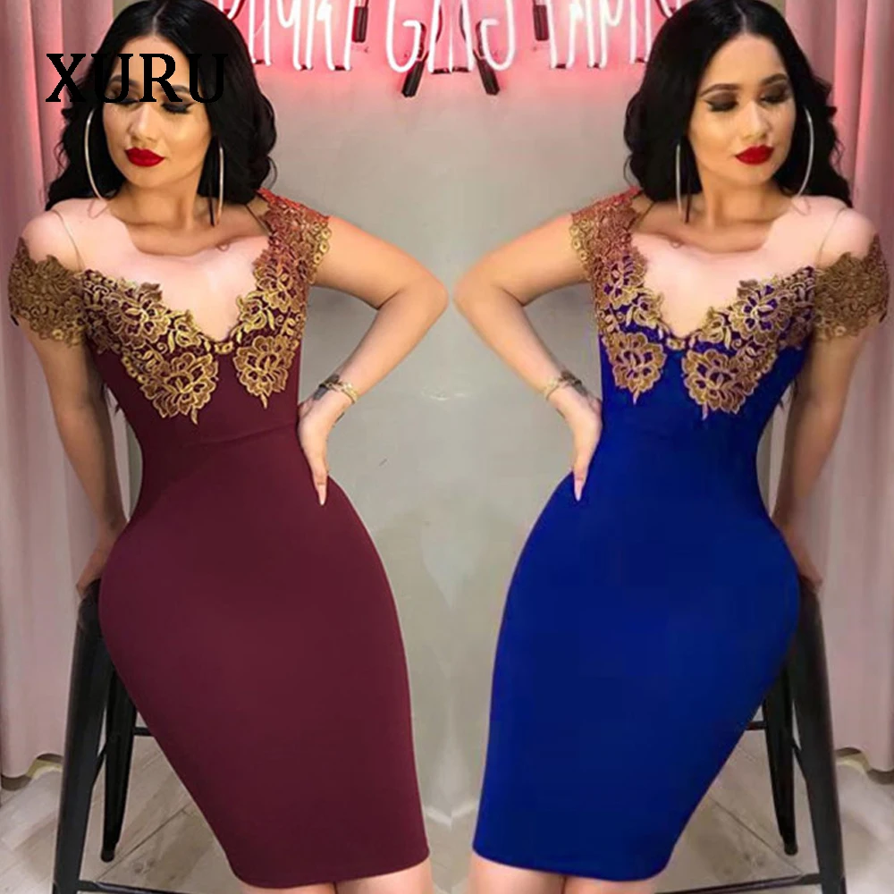 

XURU new hot women's dress lace hot stamping dress woman slim pencil sexy party dress wine red royal blue