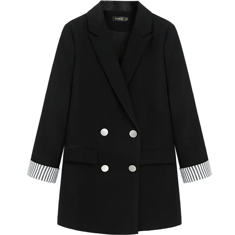 Женский длинный деловой пиджак черный с манжетами на рукавах большой размер