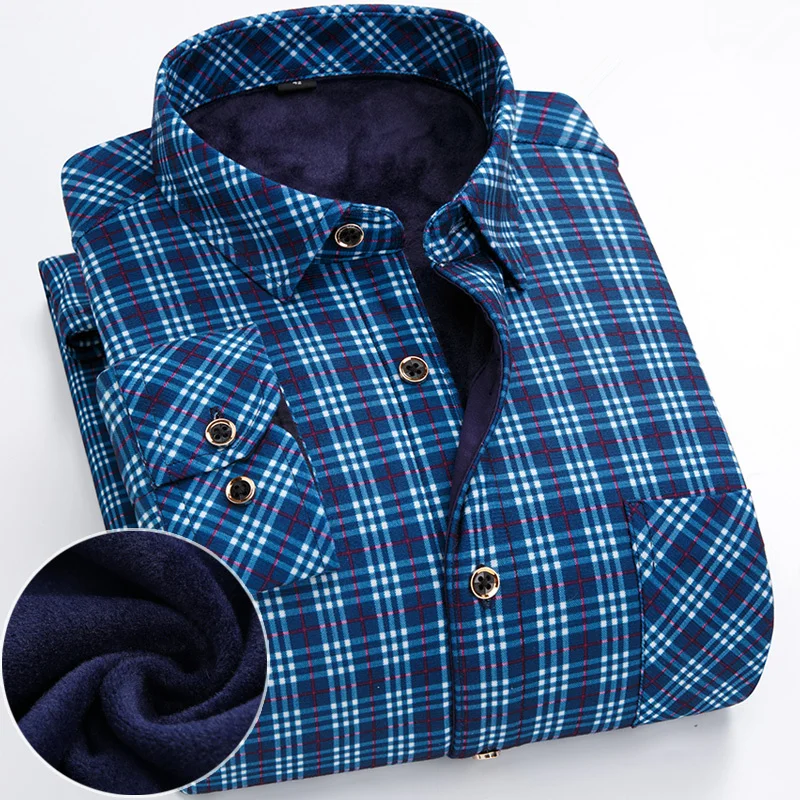 Мужская бархатная рубашка с длинным рукавом в шотландскую клетку|warm shirt|business
