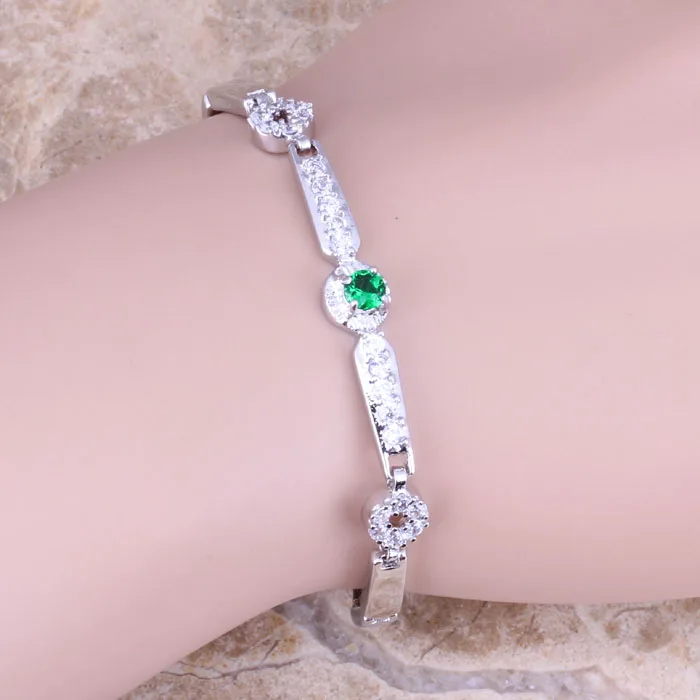 Браслет-цепочка с зеленым кубическим цирконием Белый CZ посеребренный 6 5-7 5 дюйма